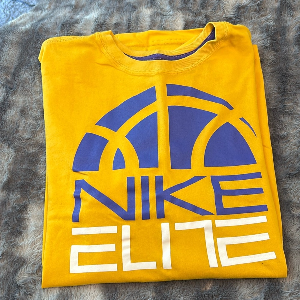 Nike Yellow Short Sleeve Graphic Tee with Blue and White Print